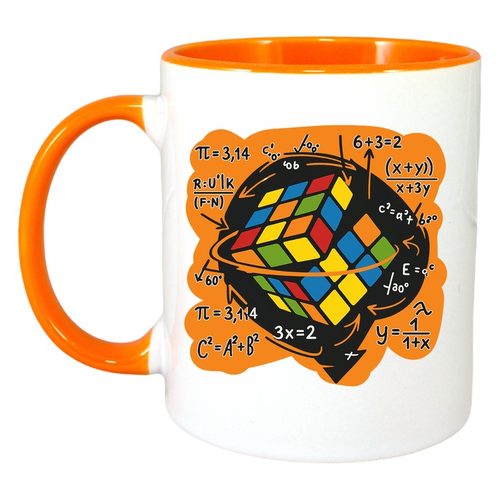 Cana Cub Rubik si formule matematice, Cri-Flo, Ceramica, 330ml. Maner si interior Portocaliu