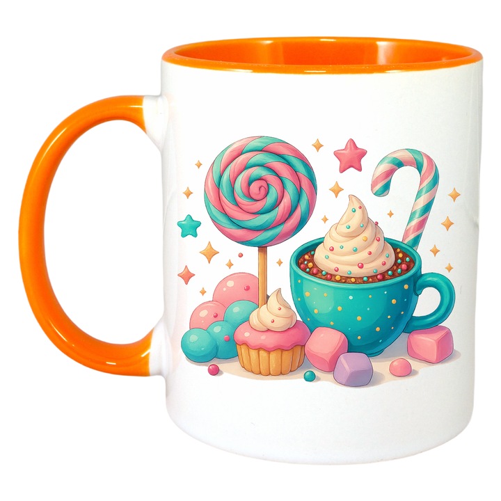 Cana cafea si bomboane, Cri-Flo, Ceramica, 330ml. Maner si interior Portocaliu