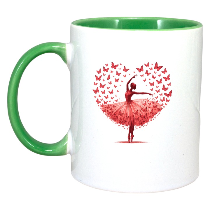 Cana fata cu fluturi in forma de inima, Cri-Flo, Ceramica, 330ml. Maner si interior Verde