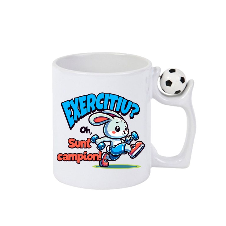 Cana Exercitiu, oh sunt campion!, Cri-Flo, Ceramica, 330ml. Minge rotativa antistres, Maner si interior Alb-Negru