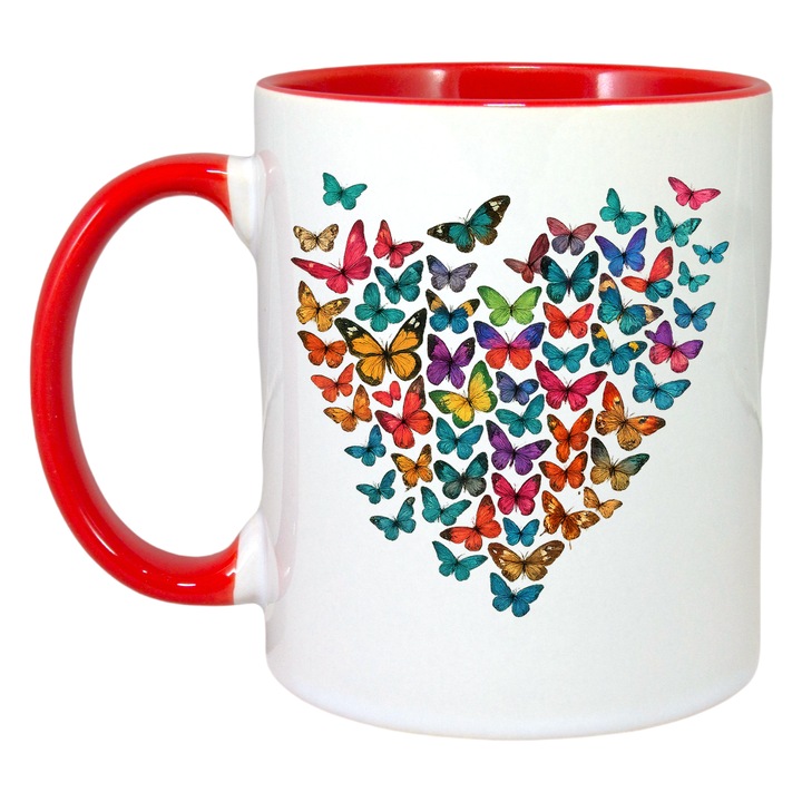 Cana Fluturi In forma de inima, Cri-Flo, Ceramica, 330ml. Maner si interior Rosu