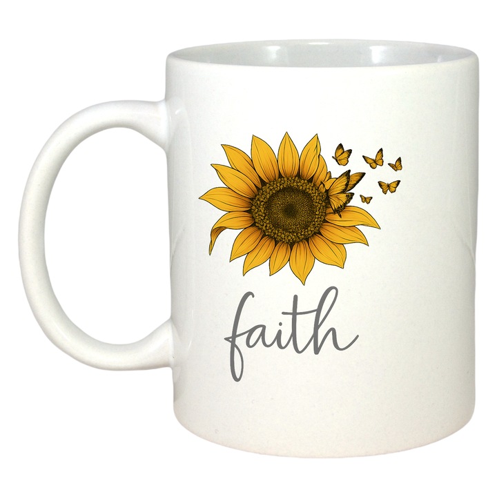 Cana Floarea soarelui cu fluturi, Cri-Flo, Ceramica, 330ml. Maner si interior Alb