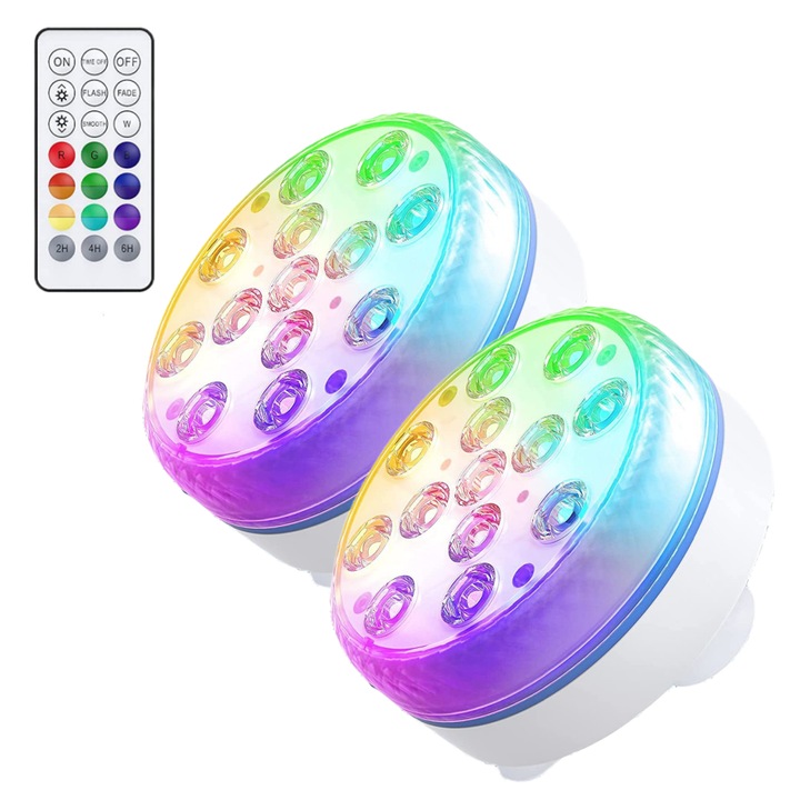 Комплект от 2 LED подводни лампи за басейн, водоустойчивост IP68, 13 LED крушки, 16 цвята, с 1 дистанционно управление, 3 режима на осветление, диаметър 7 см, за басейн, джакузи, аквариум, ABS, прозрачни