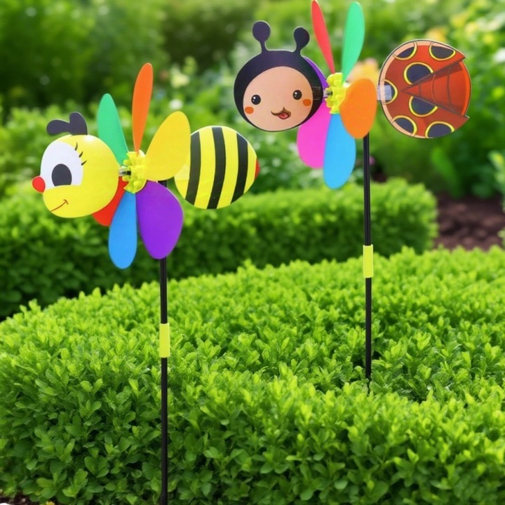 Set 2 mori de vant pentru copii, morisca de vant colorata, jucarii interactive, 30x54cm, modele albina si buburuza, decorare gradina, balcon, terasa
