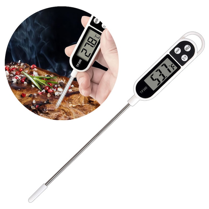 Termometru digital pentru alimente cu sonda inserabila, termometru digital profesional pentru bucatarie, plastic/otel inoxidabil, afisaj LCD, potrivit pentru gratar, copt si temperatura apei, alb