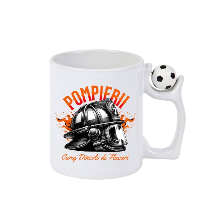 Cana Pompierii Curaj Dincolo De flacari - Firefighter 1, Cri-Flo, Ceramica, 330ml. Minge rotativa antistres, Maner si interior Alb-Negru