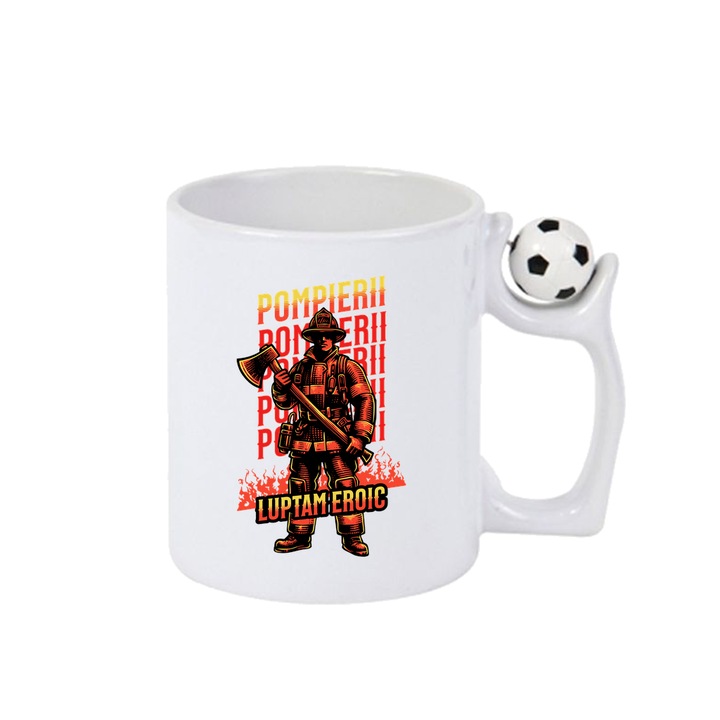 Cana Pompierii Lupam Eroic, Cri-Flo, Ceramica, 330ml. Minge rotativa antistres, Maner si interior Alb-Negru