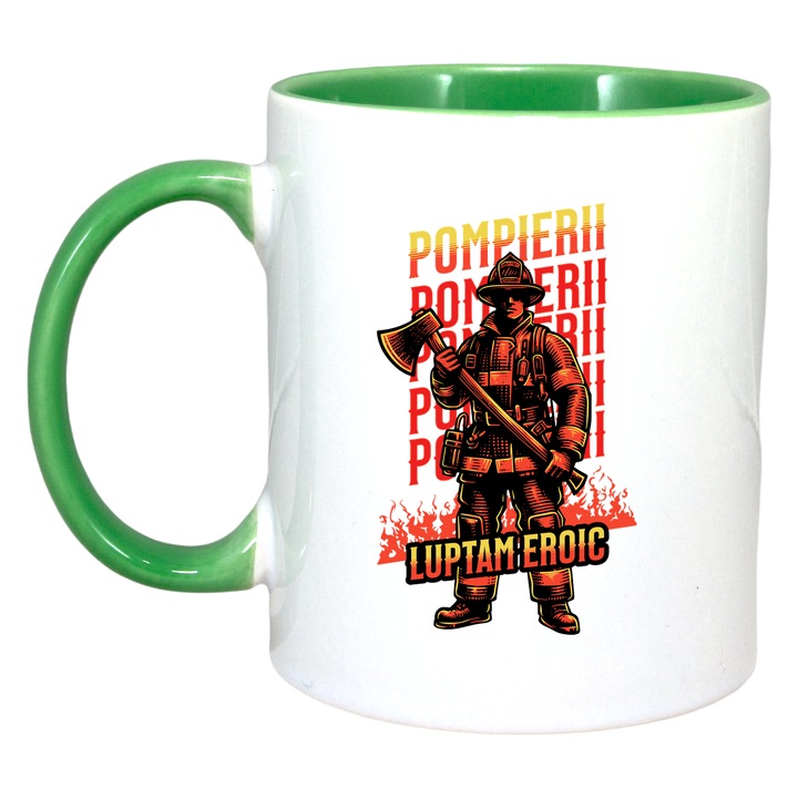 Cana Pompierii Lupam Eroic, Cri-Flo, Ceramica, 330ml. Maner si interior Verde