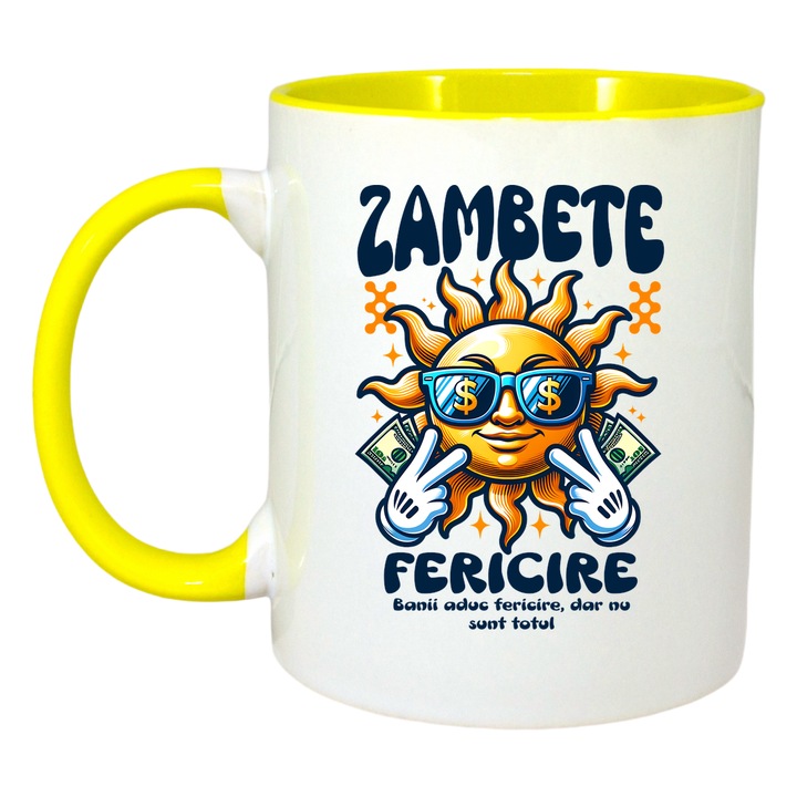 Cana Zambeste Fii Fericit - Smiles Happiness, Cri-Flo, Ceramica, 330ml. Maner si interior Galben