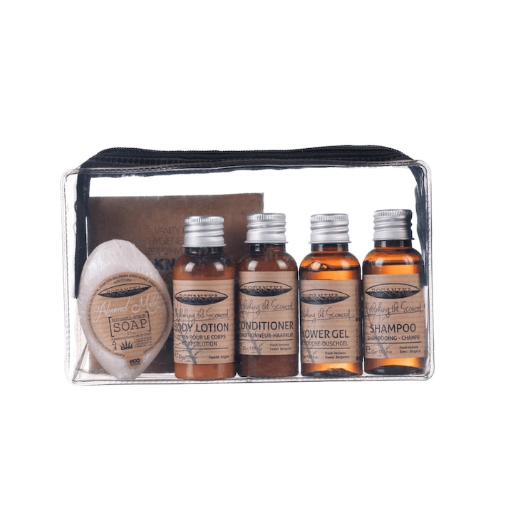 Set cosmetice calatorie Botanika: sampon, balsam, lotiune corp, sapun, gel de dus si set igienic
