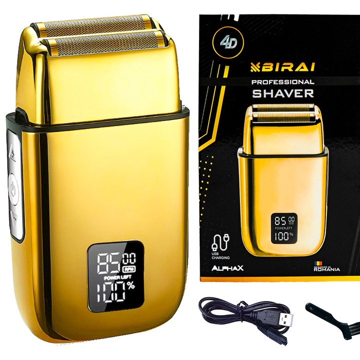 Самобръсначка 4D BIRAI® AlphaX - 2026, Професионална, електрическа, 8500 RPM, 3 регулируеми скорости, водоустойчив, LCD дисплей, LED дисплей, супер бързо зареждане през USB, двойни ножчета, водоустойчива, златиста