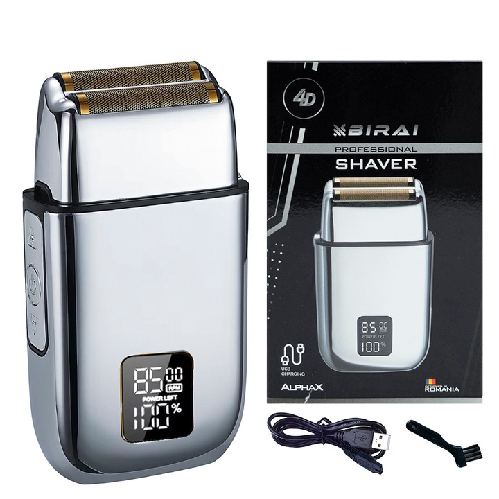Aparat de Ras Electric Profesional 4D BIRAI® AlphaX, Shaver 8500 RPM, Acumulator Reincarcabil, 3 Viteze Ajustabile, Waterproof, Display LCD, Afisaj LED, Incarcare Super Rapida prin USB, Lame Duble, Rezistent la Apa, Barbierit Umed si Uscat, Argintiu