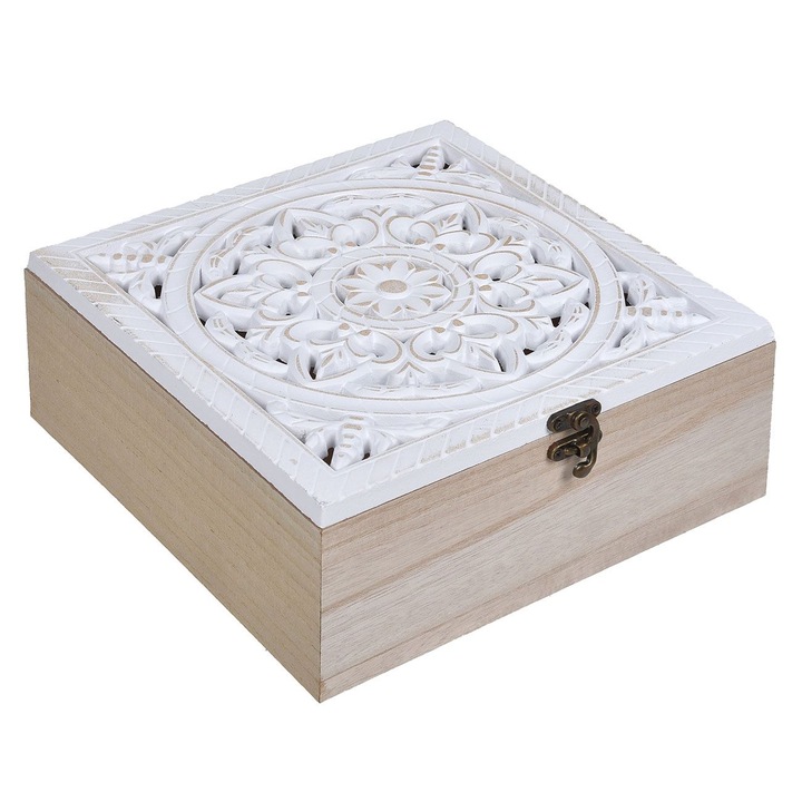Cutie de depozitare din lemn cu capac perforat mandala 23.5x23.5x19cm