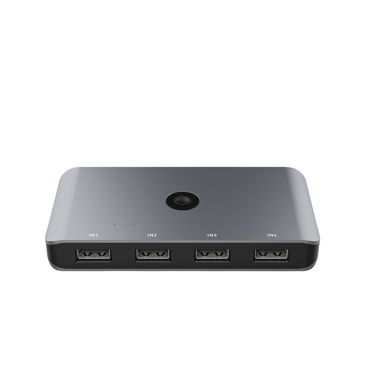 Comutator KVM, hub, USB, 4 intrari si 4 iesiri, partajare computer, compact si portabil, gri spatial