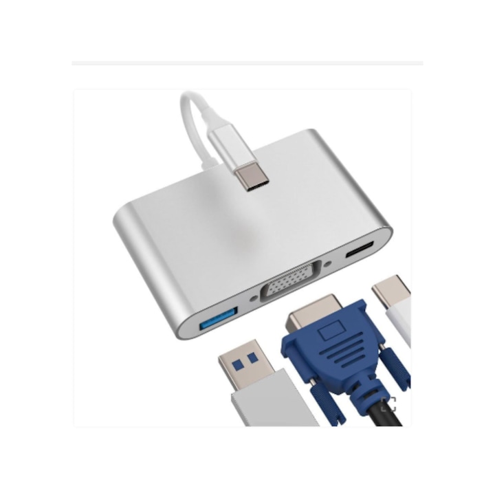 Adaptor hub USB-C 3.1 la USB-C +VGA + USB 3.0 argintiu