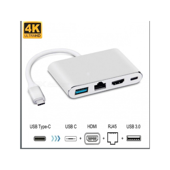 Hub adaptor USB-C 3.1 cu HDMI, USB-C, USB 3.0 si port retea RJ45, argintiu