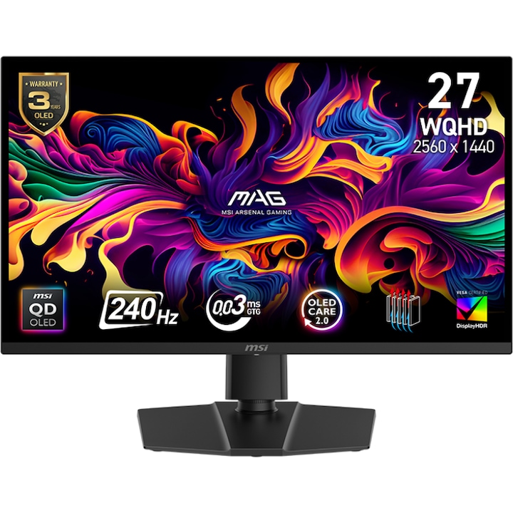 MSI MAG 271QP QD-OLED X24 gamer monitor, 26,5 hüvelyk, WQHD, 2560 x 1440, HDMI, DisplayPort, Pivot, 240 Hz, 0,03 ms, fekete
