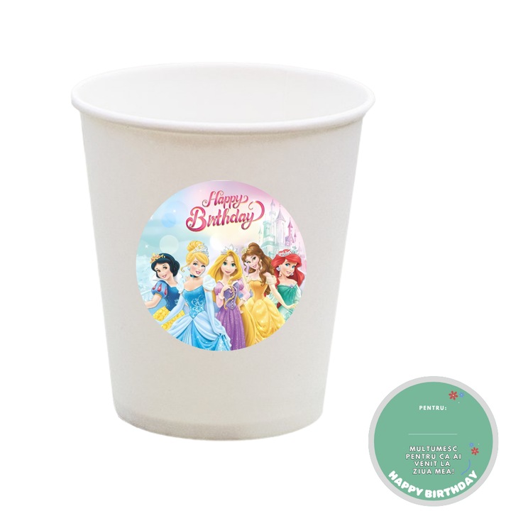 Pahare Unica Folosinta, carton, 270 ml, set de 10 bucati, pentru aniversari copii, tematica Printesele Disney