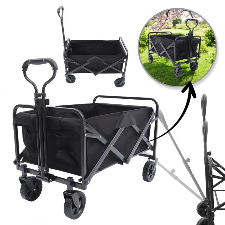 Carucior de gradina pentru transport, pliabil, metalic, negru, JollyMag, AR07CZ, 72x47x68-87cm
