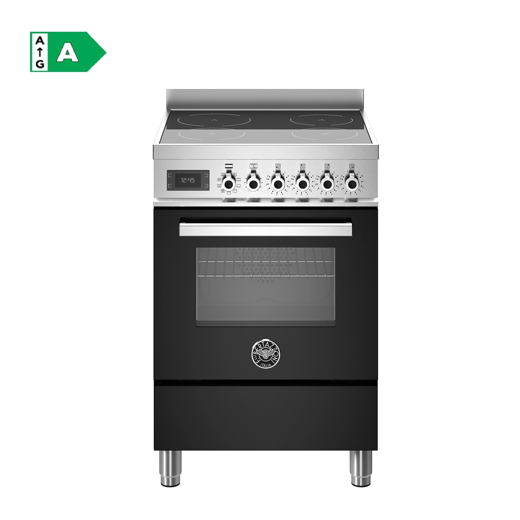 Aragaz premium cu plita pe inductie Bertazzoni, 60 cm, colectie Professional, 4 zone de gatit, 11 moduri de gatire, 9 trepte de putere+Booster, 69 litri, detectare automata a vasului, sertar pentru depozitare, negru