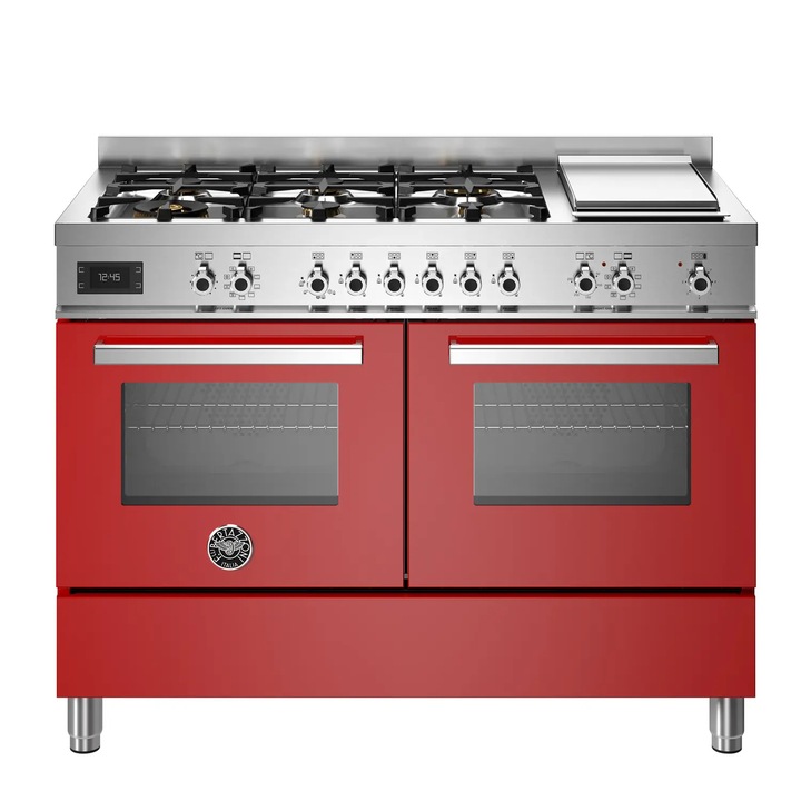 Газова печка Premium с 2 електрически фурни и газови котлони Bertazzoni, 120 см, 6 горелки + котлон Teppanyaki, общ обем 138 литра, 11 функции за готвене, регулируема температура, вграден термометър-сонда, сензорен контролен панел, червена