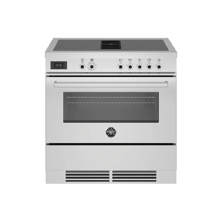Aragaz premium cu plita pe inductie si hota integrata Bertazzoni, 90 cm, Professional Air-Tec, 4 zone de gatit, inclusiv MultiZone, 11 moduri de gatire, capacitate 103 litri, 9 trepte de putere + Booster, Child Lock, sertar pentru depozitare, portocaliu