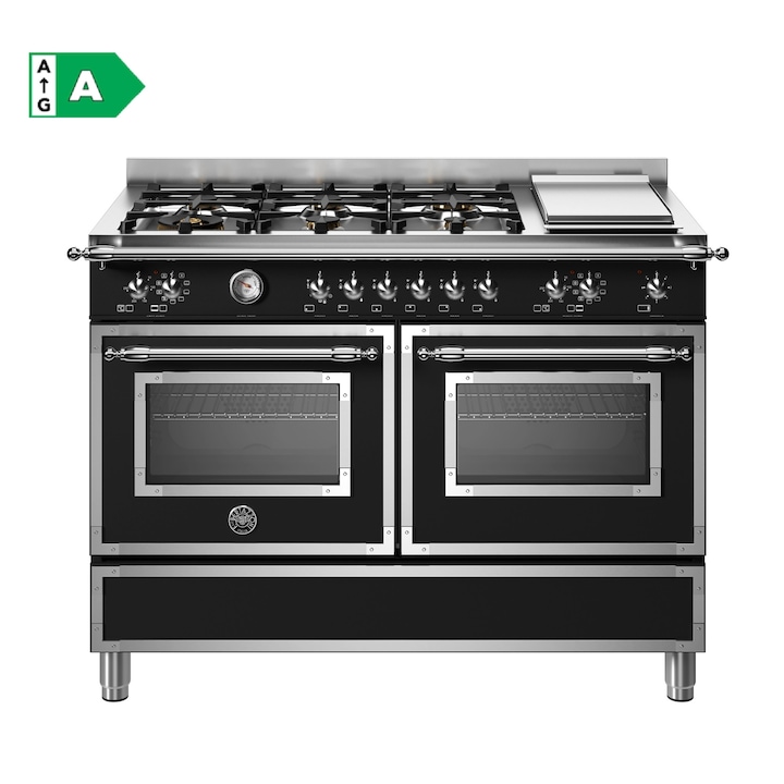 Aragaz premium cu 2 cuptoare electrice si plite pe gaz Bertazzoni, 120 cm, 6 arzatoare + plita Teppanyaki, colectie Heritage, capacitate totala 138 litri, 11 functii de gatire, temperatura reglabila, termometru cu sonda integrat, negru
