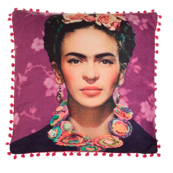 ColorFemme Frida Kahlo lila díszpárna bojtokkal és cipzárral 45x45cm