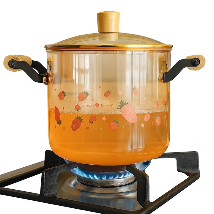 Oala Sticla Borosilicata - 5, 5 litri, Decor – Capsuni, Termorezistenta, Transparenta, cu Capac si Maner din lemn, pentru Gatire si Servire, NEXT TREND