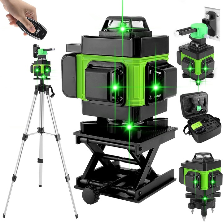 OKBOONS 4D lézeres szintező, 16 vonallal, távirányítóval, állvánnyal, 2 elemmel, állítható 51cm-150cm, önszintező, milliméter pontosságú, emelőplatform