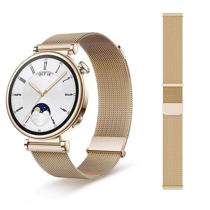 Curea metalica compatibila cu Huawei Watch GT4 41mm, GT5 41mm, GT5 Pro 42mm, bratara inox, auriu rose, 18mm