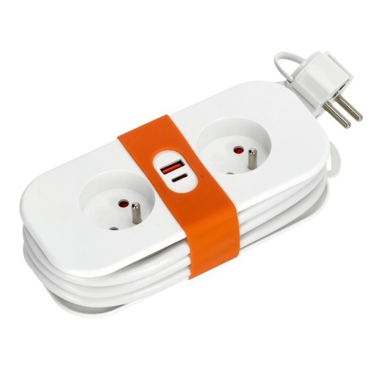 Удължителен кабел Kobi, 2 гнезда 230V, 2x USB (1x USB-A + 1x USB-C), 1.4 м, бял