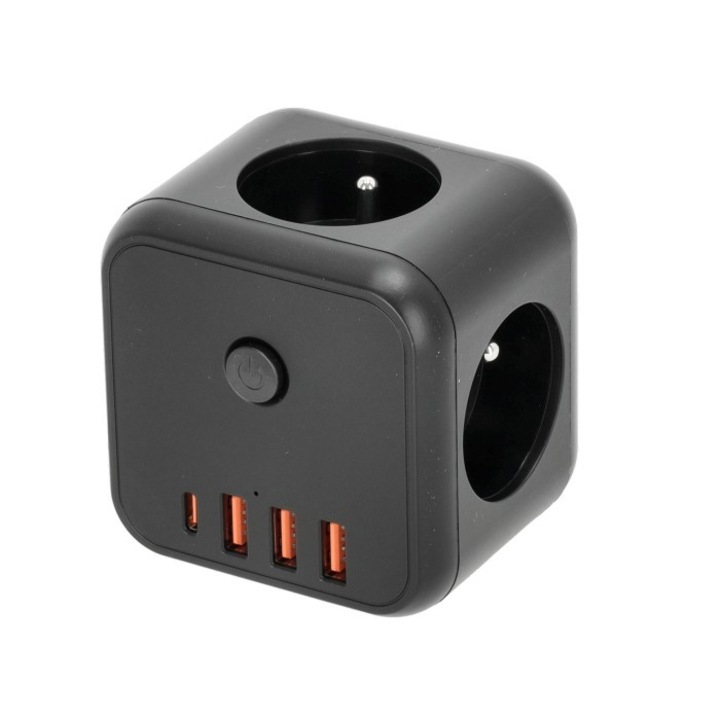 Удължителен кабел Kobi Linea Pro Cube, 3 изхода, 4 USB, черен, 3600W, 16A