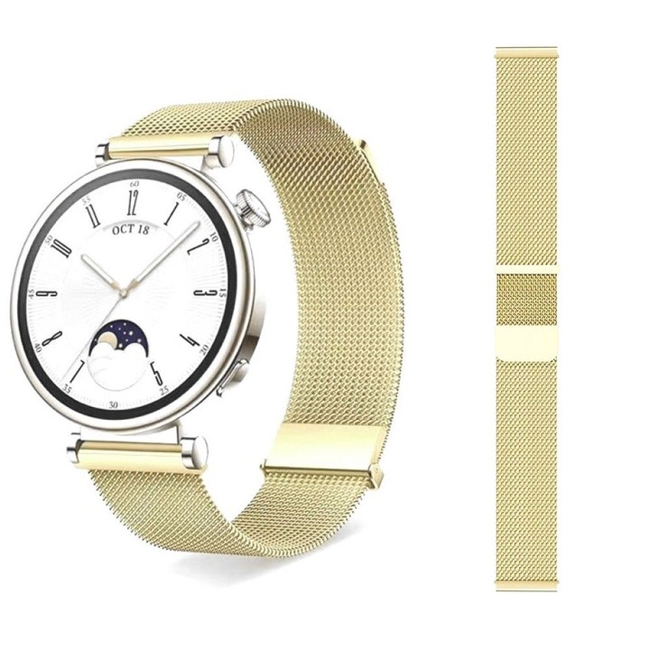 Curea metalica compatibila cu Huawei Watch GT4 41mm, GT5 41mm, GT5 Pro 42mm, bratara inox, auriu, 18mm