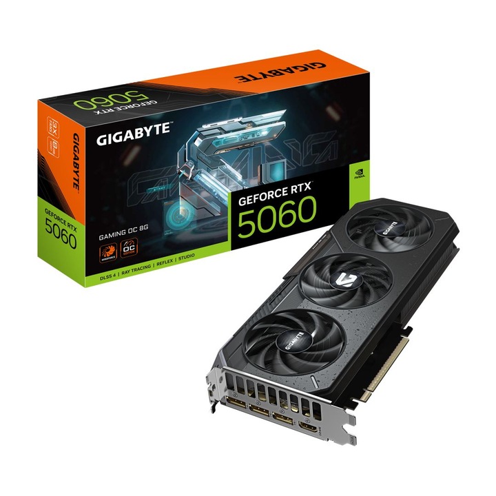 Gigabyte RTX5060 GAMING OC 8G videókártya, nVidia, RTX 50 Series, PCIE, 8GB, GDDR7, 128bit, GPU:2595MHz, RAM:28000MHz, Aktív hűtés, 1xHDMI, 3xDisplayPort, Gamer