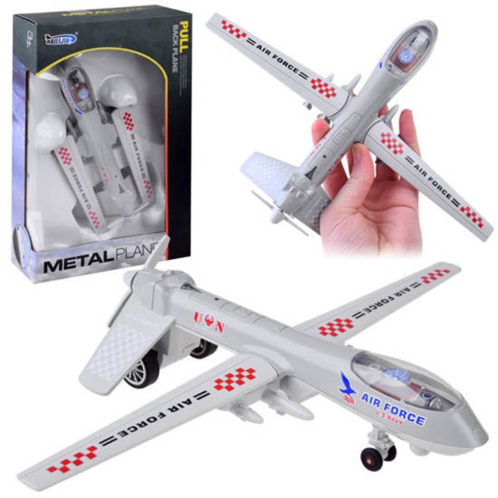 Avion militar metalic cu sunete, 20,5x27x5,5cm, set cu baterii, JOKOMISIADA