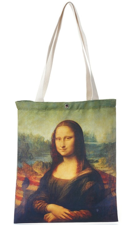 Bevásárlótáska csattal, Vásárlótáska, Mona Lisa minta, 40 x 33 cm, Többszínű