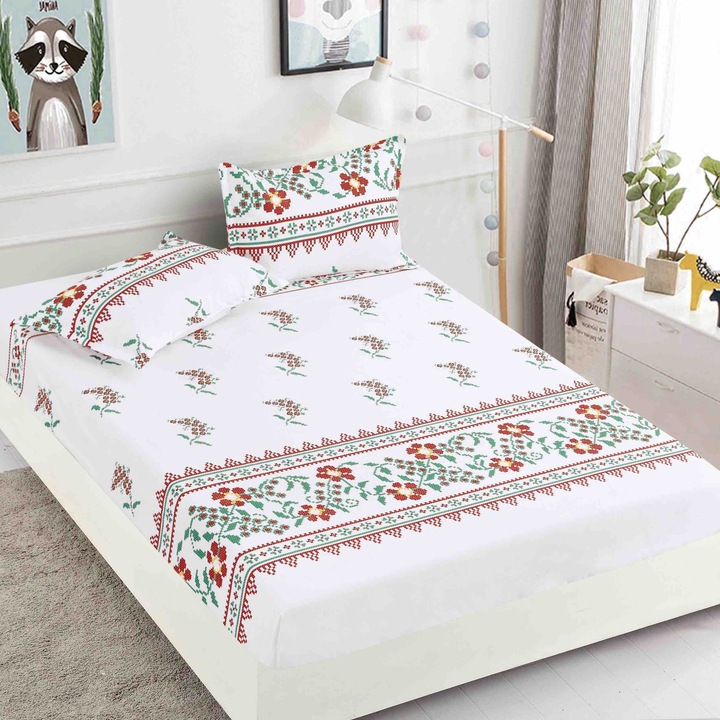 Husa Pat dublu cu elastic, Bumbac FINET, 180 x 200 cm, 2 fete de perne 50x70cm, MHR-1921