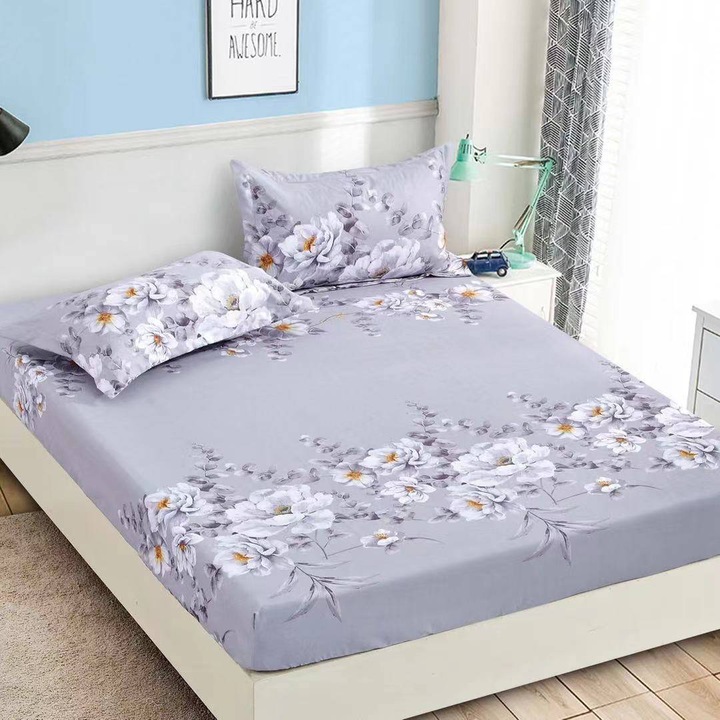 Husa Pat dublu cu elastic, Bumbac FINET, 180 x 200 cm, 2 fete de perne 50x70cm, MHR-1938