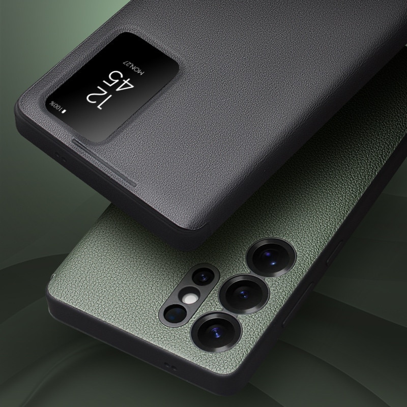 Husa pentru Samsung Galaxy S25 Ultra, slim din piele naturala, smart cover view case, ultra usoara, Qialino Genuine Leather Smart Case, Negru