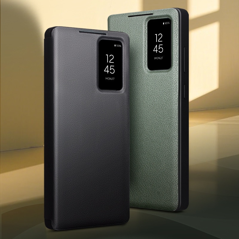 Husa pentru Samsung Galaxy S25 Ultra, slim din piele naturala, smart cover view case, ultra usoara, Qialino Genuine Leather Smart Case, Negru