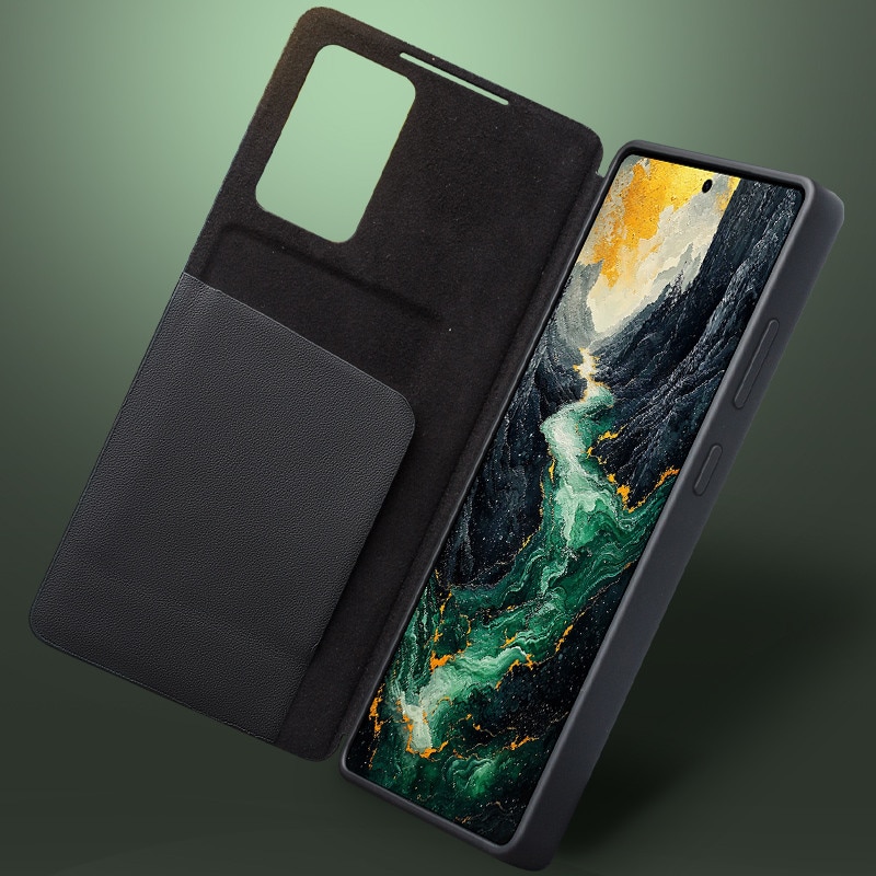 Husa pentru Samsung Galaxy S25 Ultra, slim din piele naturala, smart cover view case, ultra usoara, Qialino Genuine Leather Smart Case, Negru
