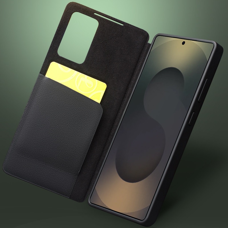 Husa pentru Samsung Galaxy S25 Ultra, slim din piele naturala, smart cover view case, ultra usoara, Qialino Genuine Leather Smart Case, Negru