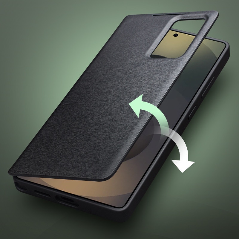 Husa pentru Samsung Galaxy S25 Ultra, slim din piele naturala, smart cover view case, ultra usoara, Qialino Genuine Leather Smart Case, Negru