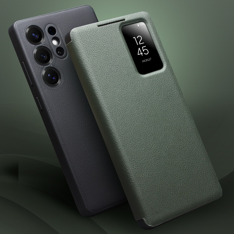 Husa pentru Samsung Galaxy S25 Ultra, slim din piele naturala, smart cover view case, ultra usoara, Qialino Genuine Leather Smart Case, Negru