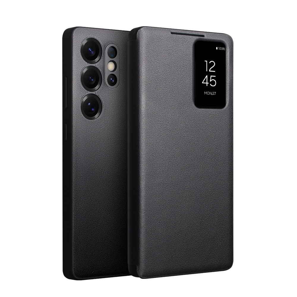Husa pentru Samsung Galaxy S25 Ultra, slim din piele naturala, smart cover view case, ultra usoara, Qialino Genuine Leather Smart Case, Negru