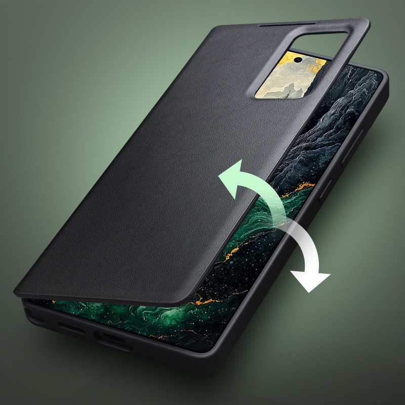 Husa pentru Samsung Galaxy S25 Ultra, slim din piele naturala, smart cover view case, ultra usoara, Qialino Genuine Leather Smart Case, Negru