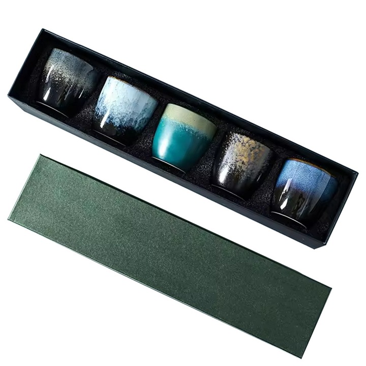 Set cani ceramice stil japonez, 150ml, rezistente la temperaturi inalte, Set 5 Ceasca de cafea, Multicolor