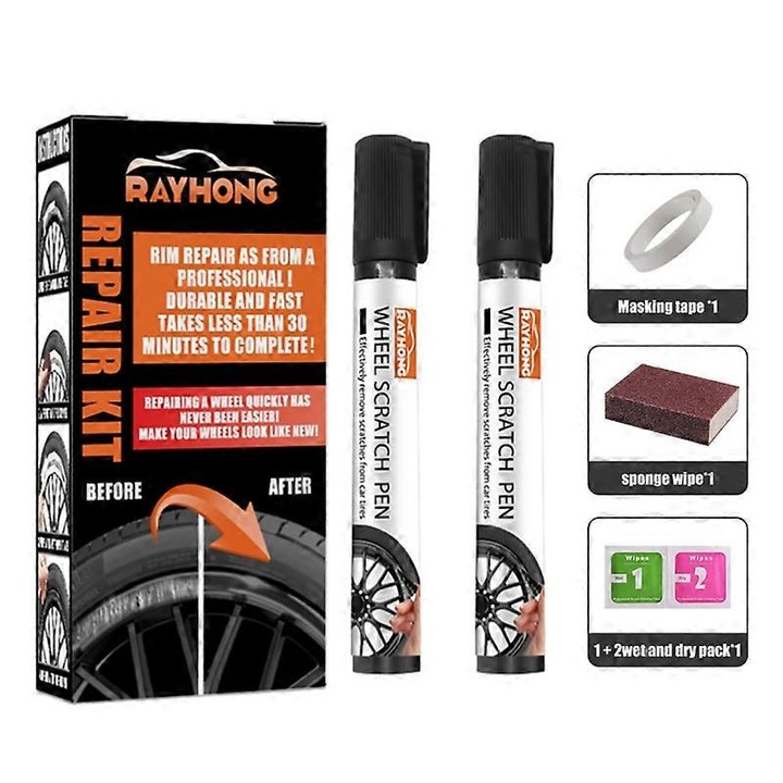 Kit de reparare zgarieturi pentru jante auto, 1 boxa, 1 stilou de reparare, 1 burete de smirghel, 2 prosoape umede, 40g