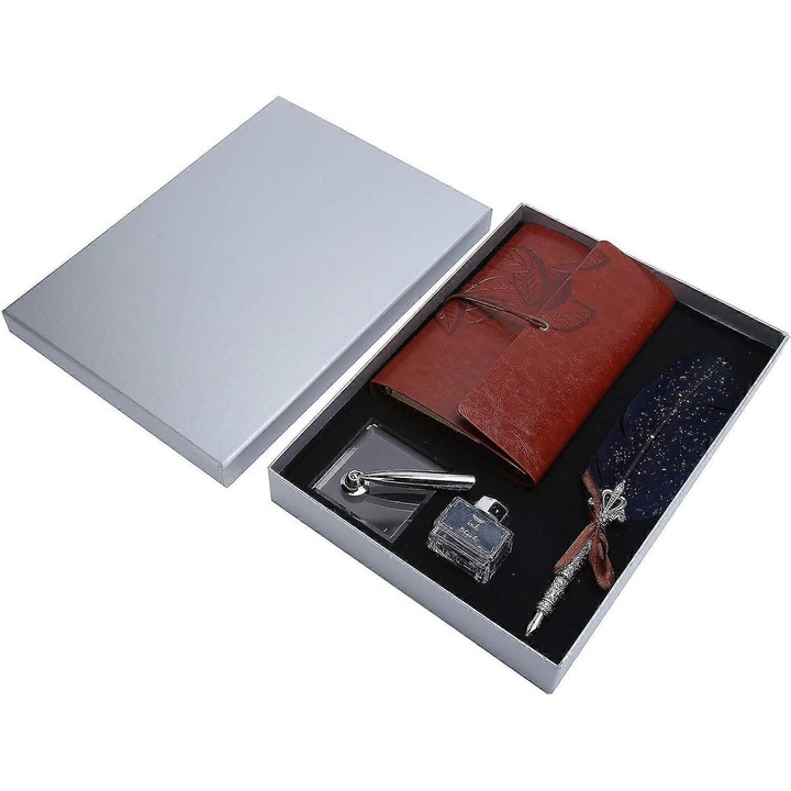 Set de stilou cu pana, pena din pene, suport pentru stilou, caiet, argintiu, dimensiuni 28.7x21x3.6cm
